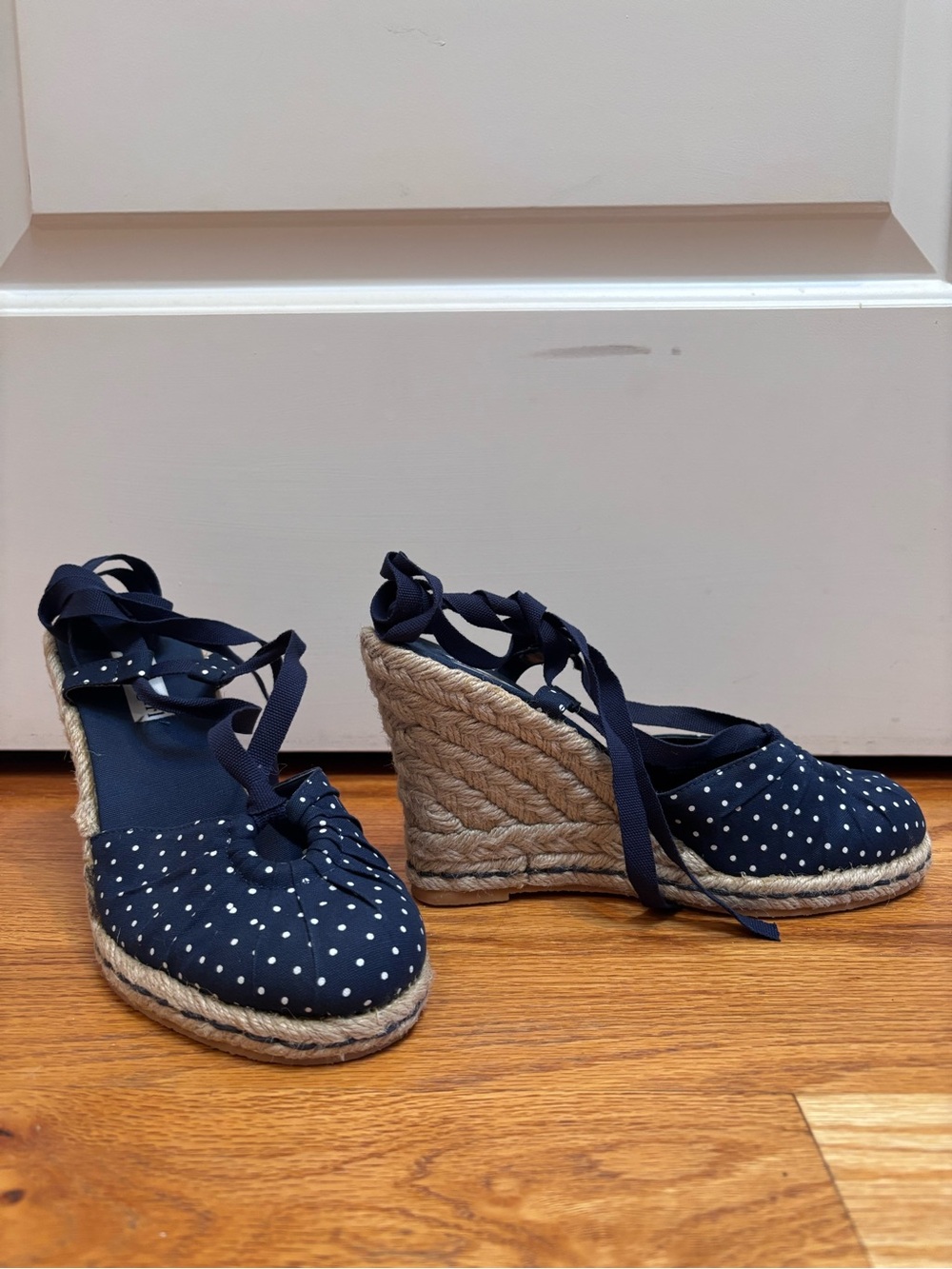 Vintage Tommy Girl Navy Polka Dot Espadrille Wedge Sandals with Ankle Tie